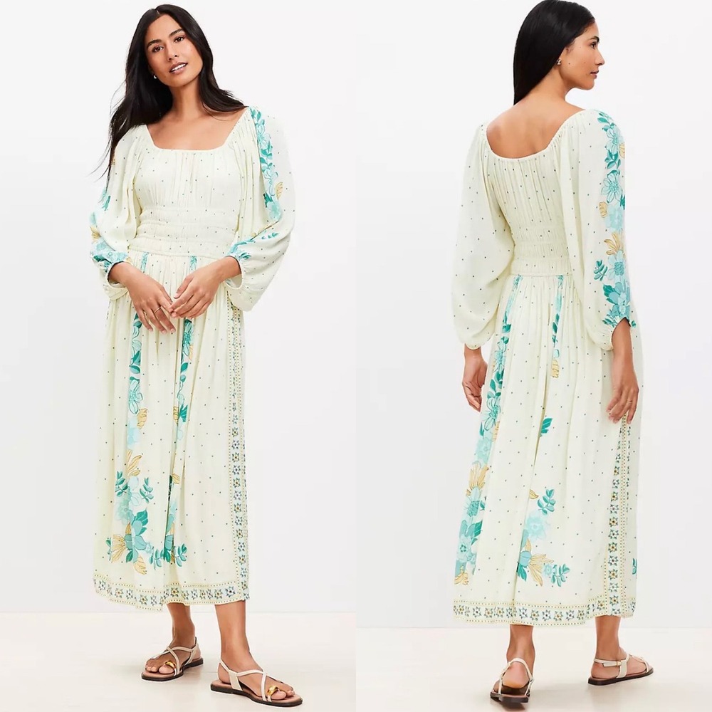 Loft Floral Smocked On or Off Shoulder Maxi Dress Cottagecore Boho NWT‎ - XS